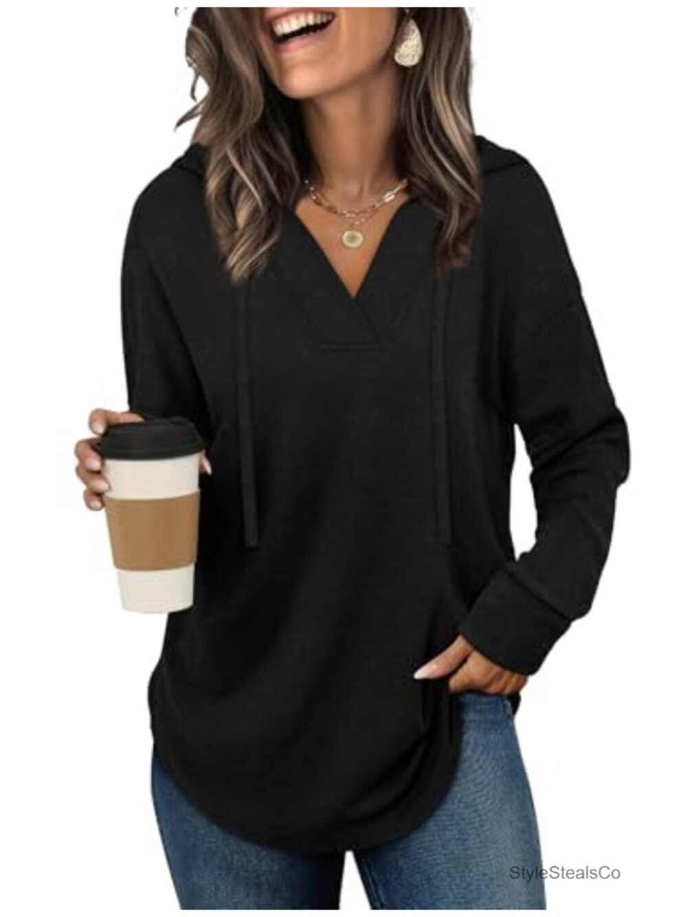 Oversized V Neck Hoodie Long Sleeve Pullover Sweatshirt Women's Casual Top